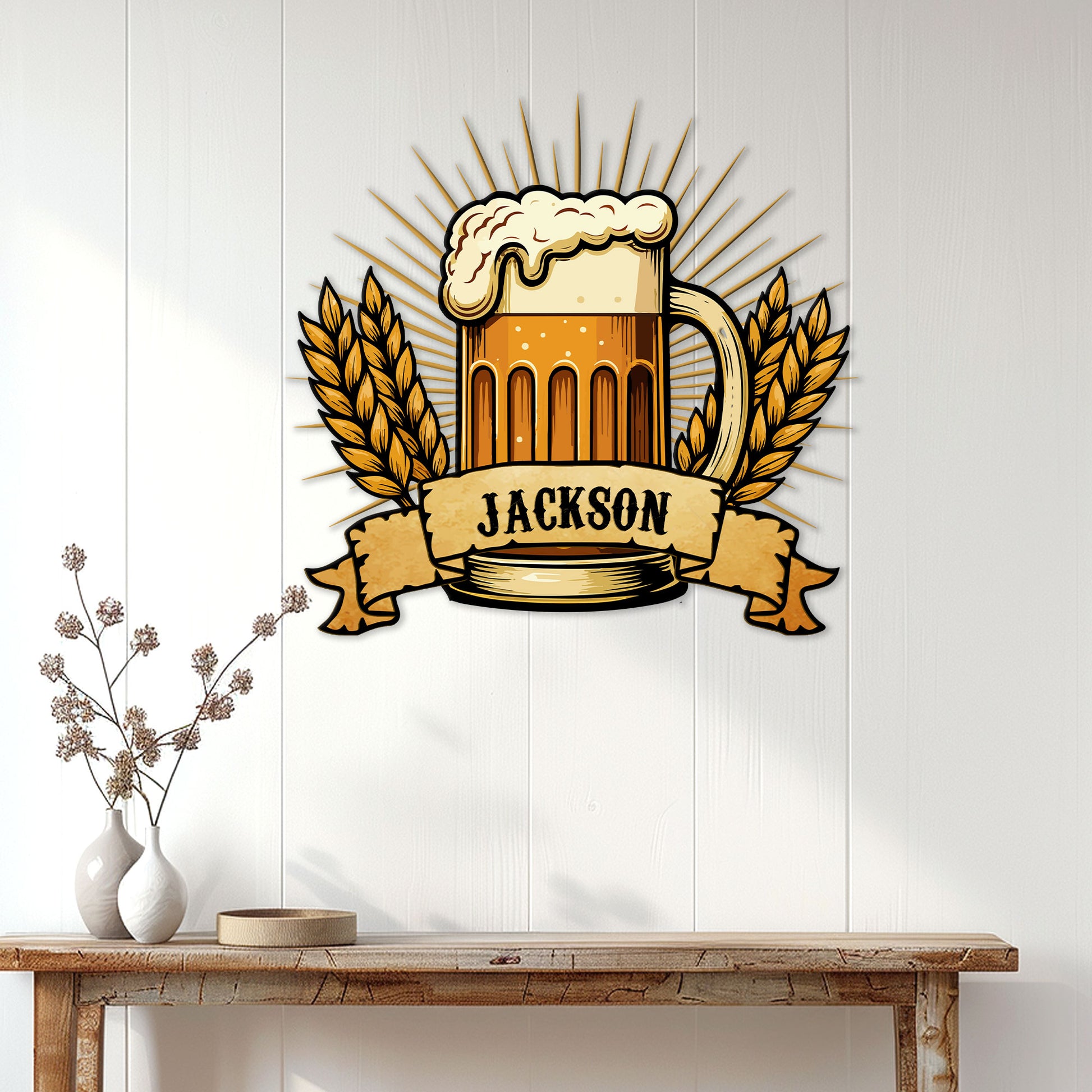 Beer mug metal wall sign displayed on a white paneled wall above a rustic console table