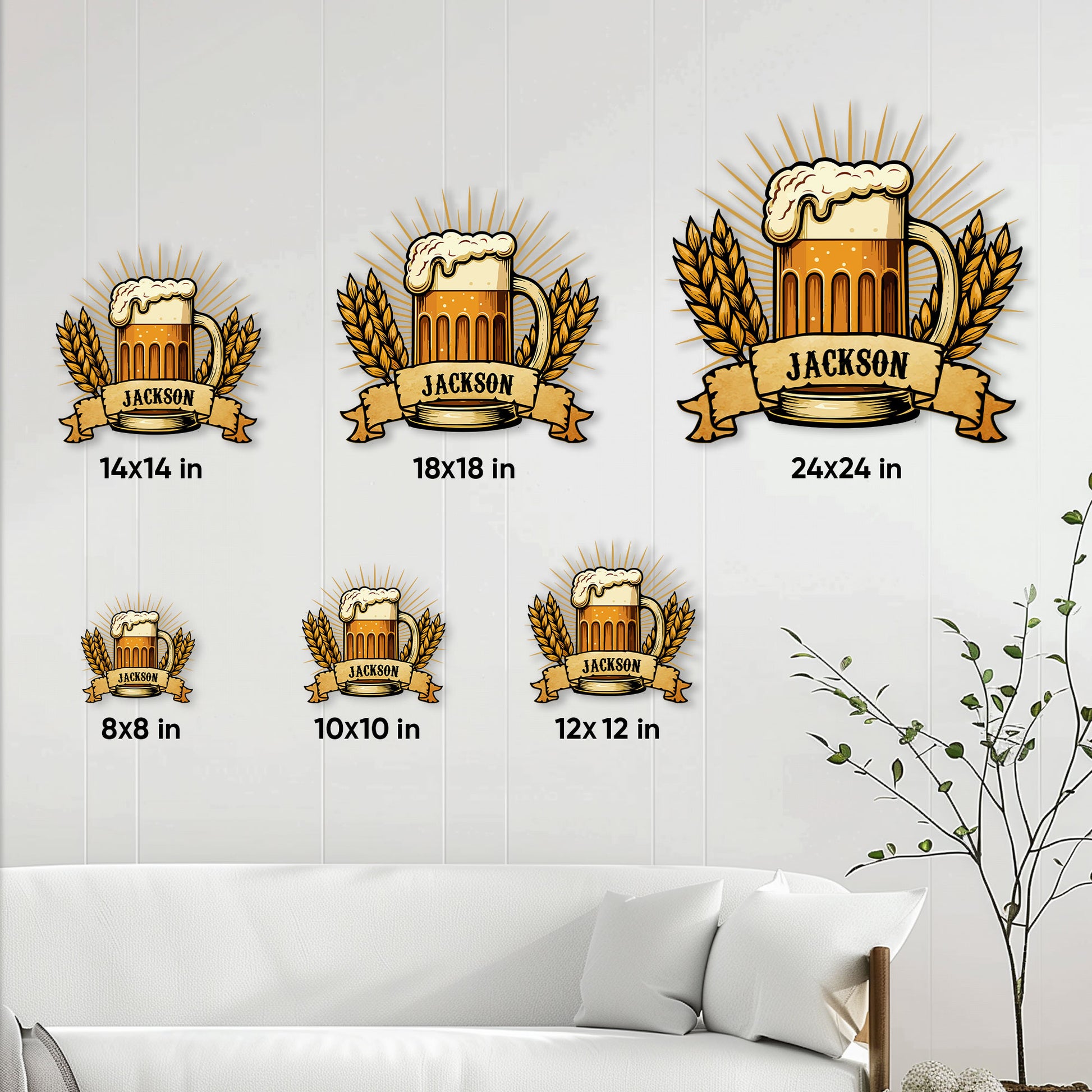 Beer mug metal sign size guide showing six square size options from 8 by 8 to 24 by 24 inches