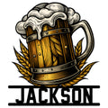 Detailed beer mug metal sign with foamy head, wheat accents, and bold lower nameplate