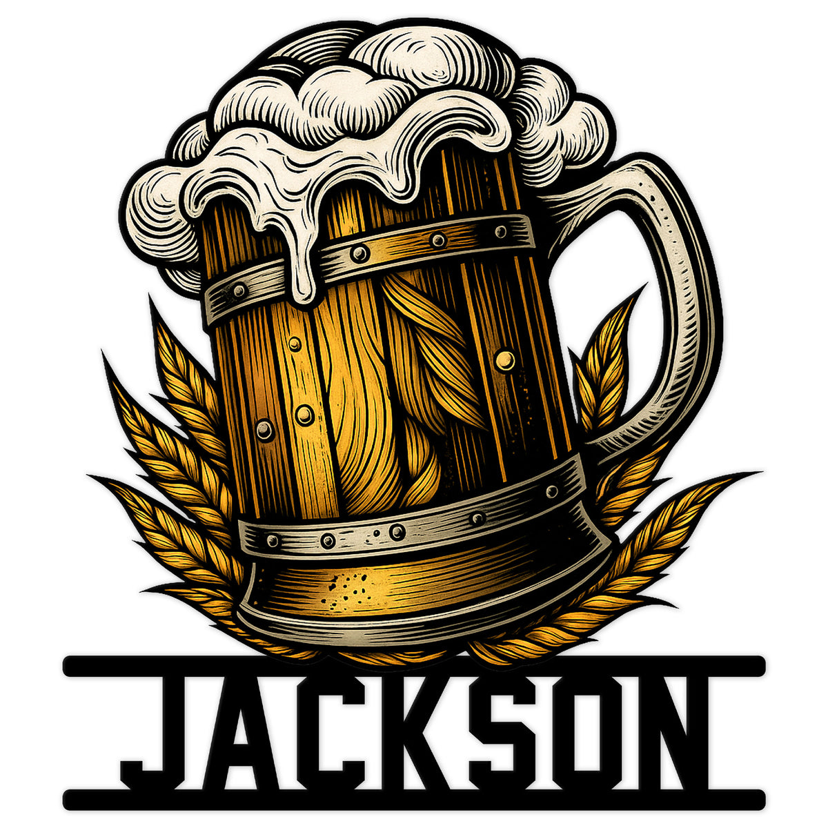 Detailed beer mug metal sign with foamy head, wheat accents, and bold lower nameplate