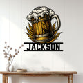 Beer mug metal wall sign displayed above a console table in a bright home interior