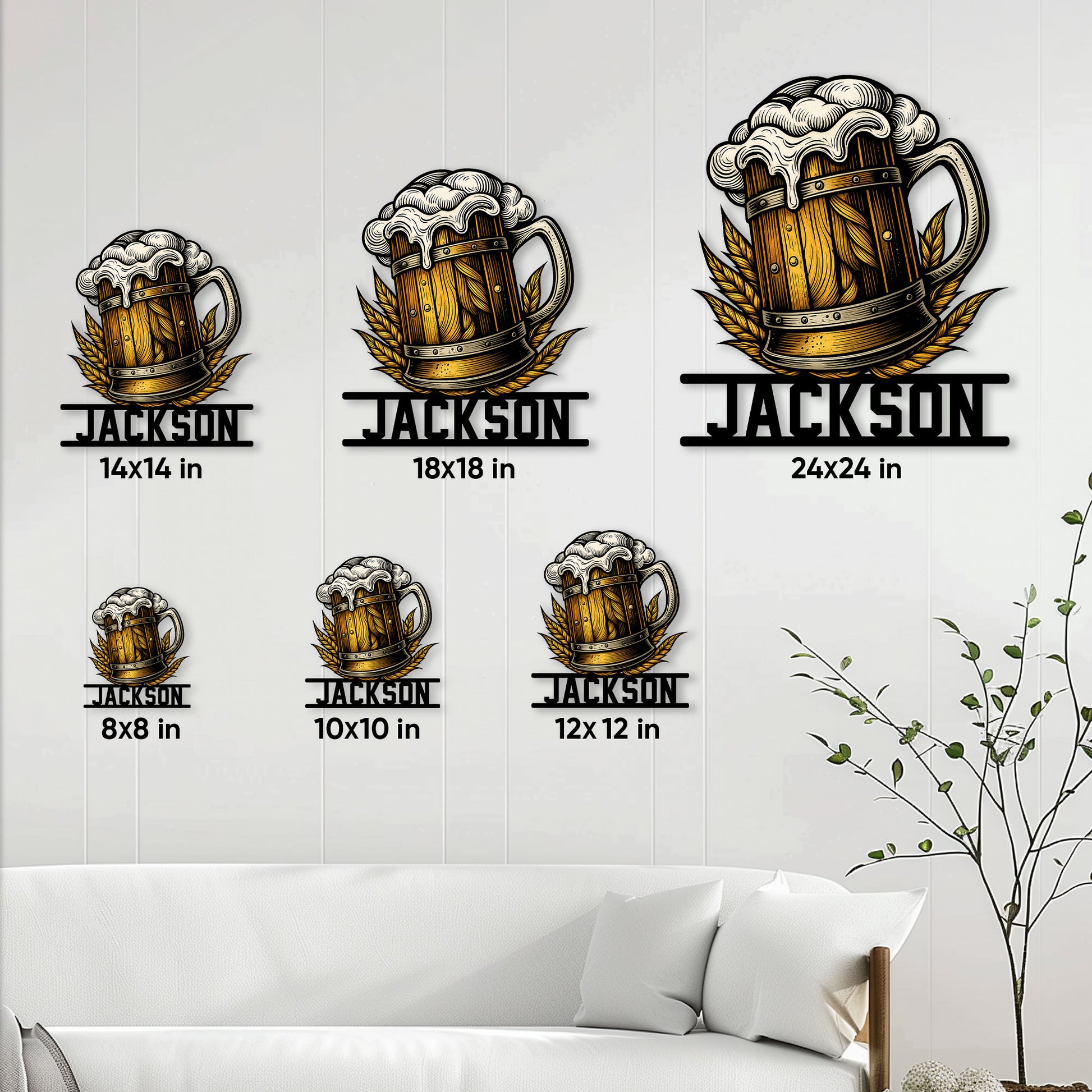 Beer mug metal sign shown in six size options, from compact wall accents to large decor