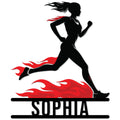 Custom running metal sign featuring a female runner silhouette surrounded by bold red flames