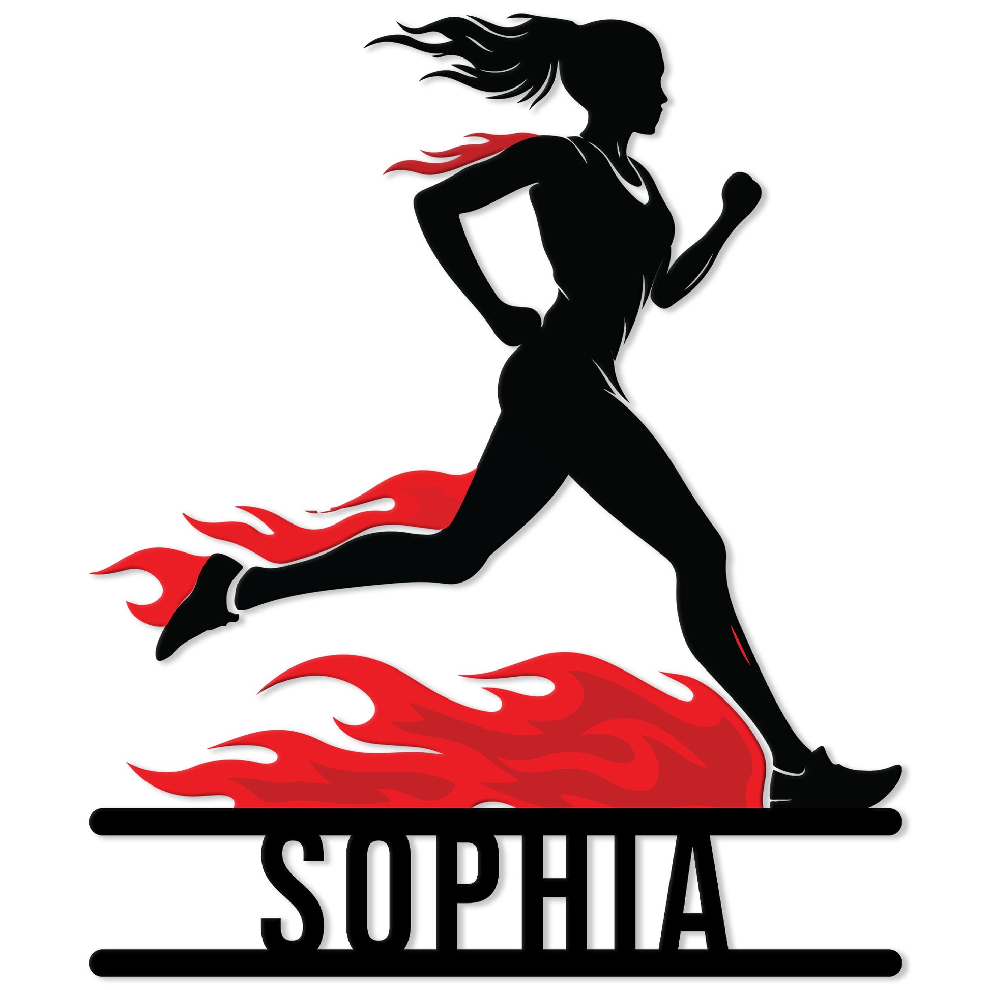 Custom running metal sign featuring a female runner silhouette surrounded by bold red flames