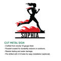 Running metal sign feature graphic showing a flame-trailing female runner design