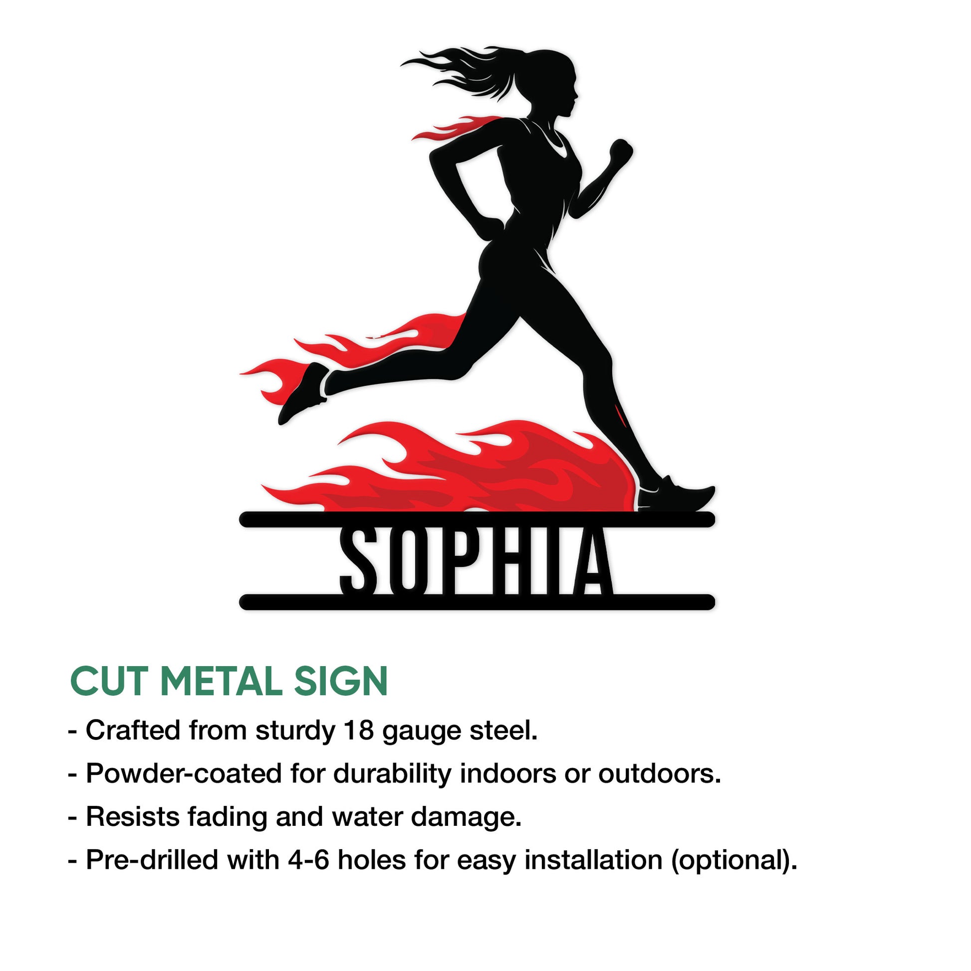 Running metal sign feature graphic showing a flame-trailing female runner design