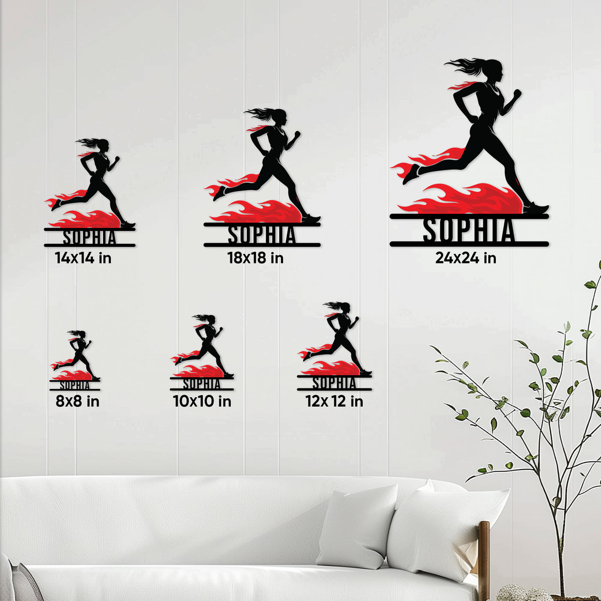 Running metal sign size guide showing six square size options from 8 by 8 to 24 by 24 inches
