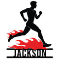 Custom running metal sign featuring a female runner silhouette surrounded by bold red flames