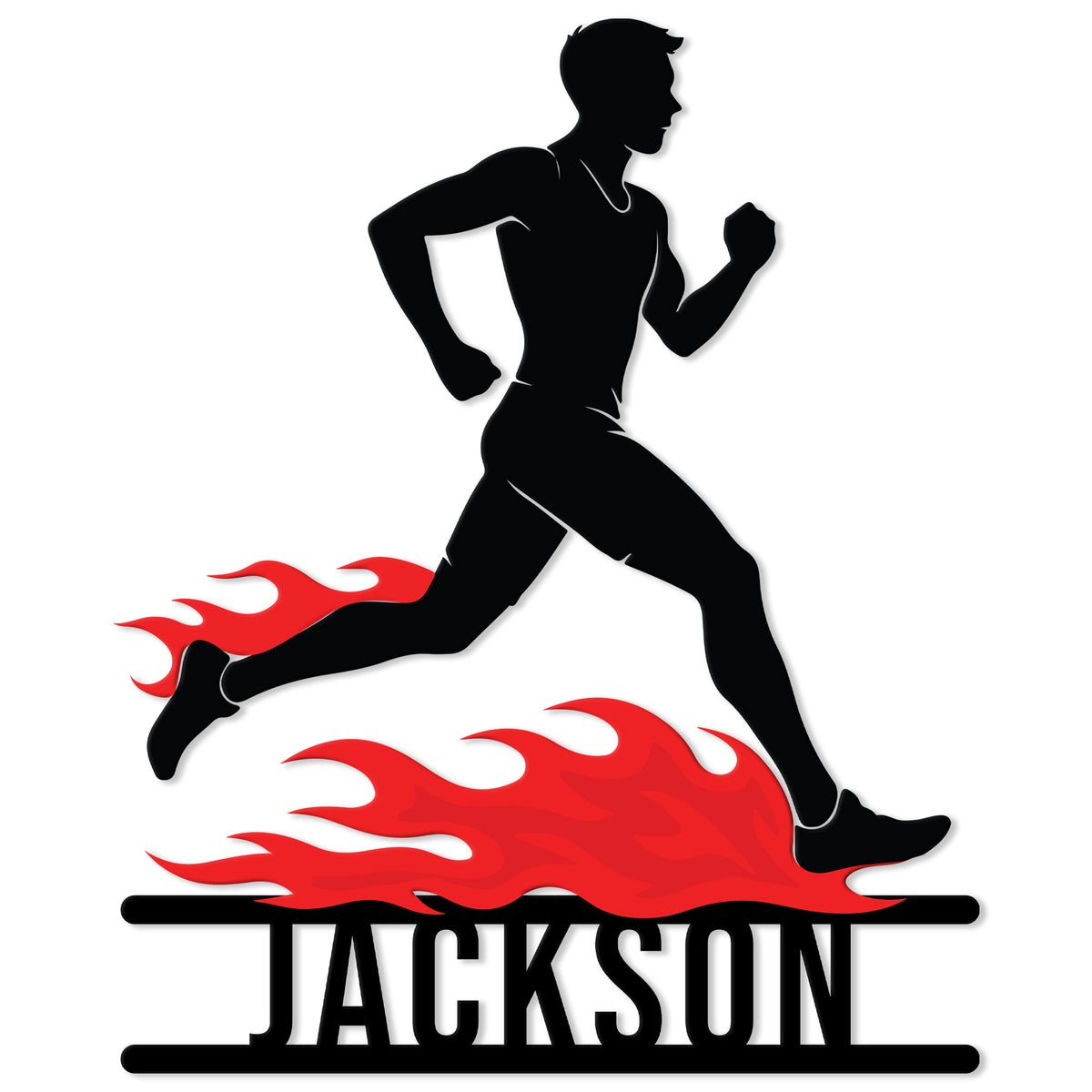Custom running metal sign featuring a female runner silhouette surrounded by bold red flames