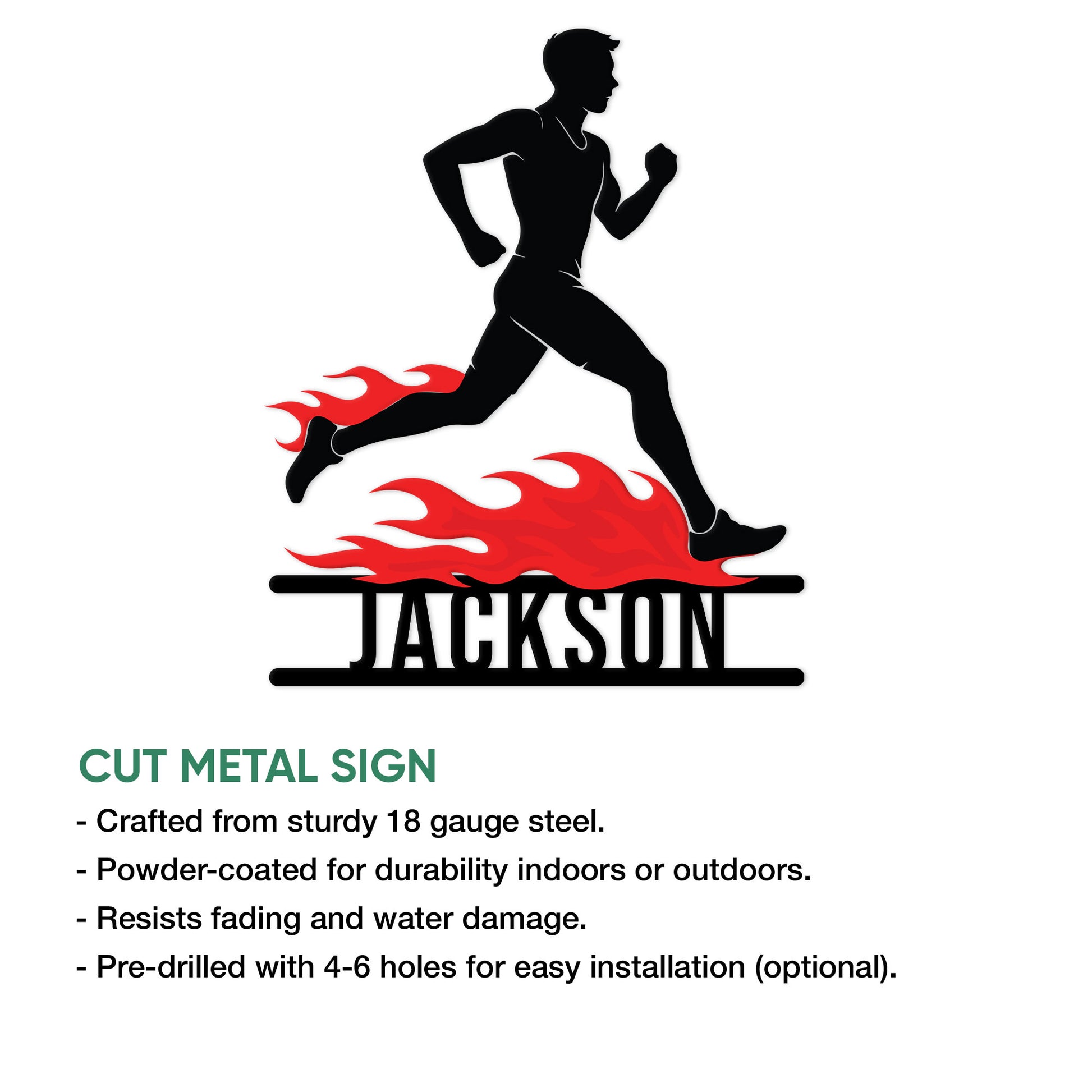 Cut metal running sign featuring a dynamic female runner silhouette and flame-inspired motion design