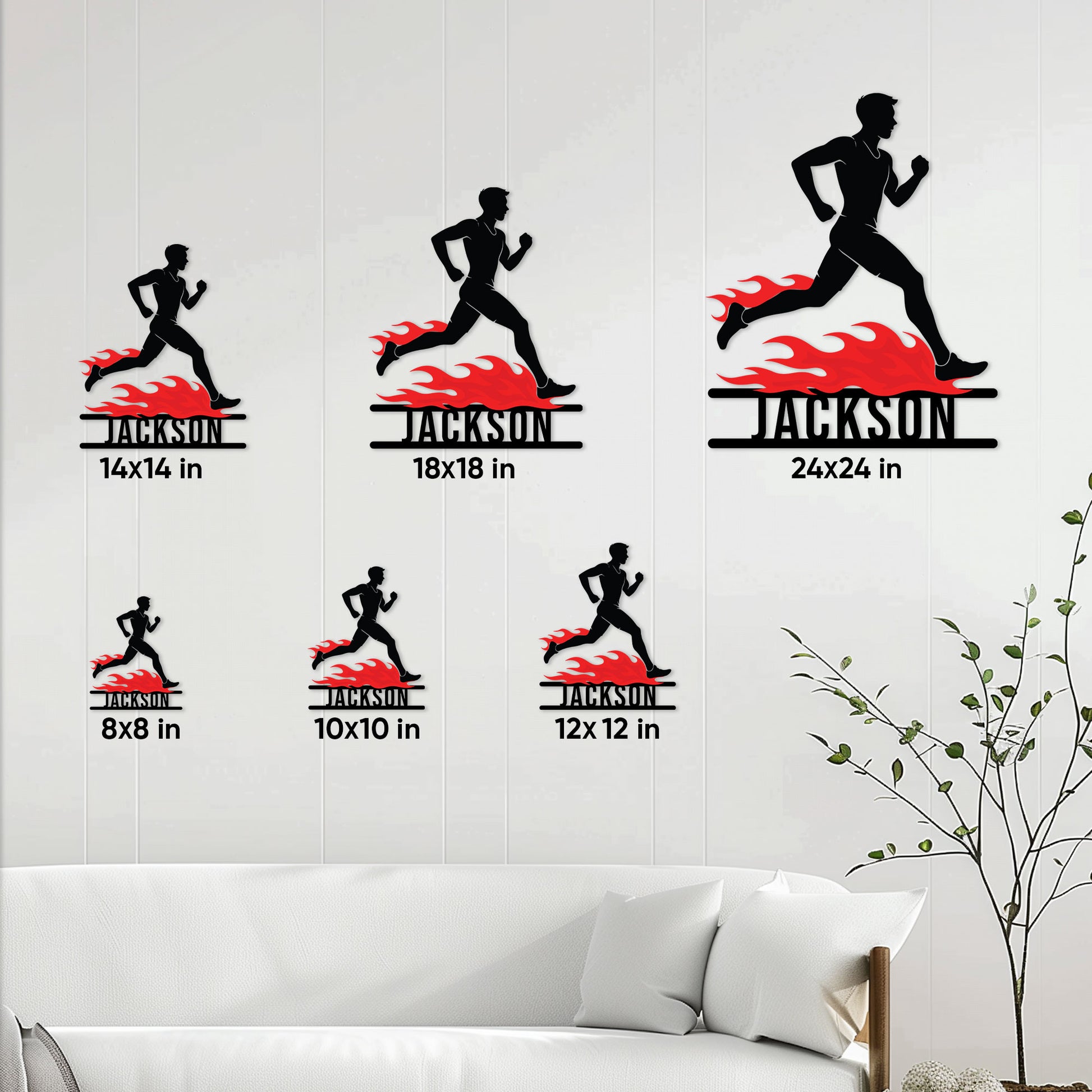 Running metal sign size guide showing six square size options from 8 by 8 to 24 by 24 inches