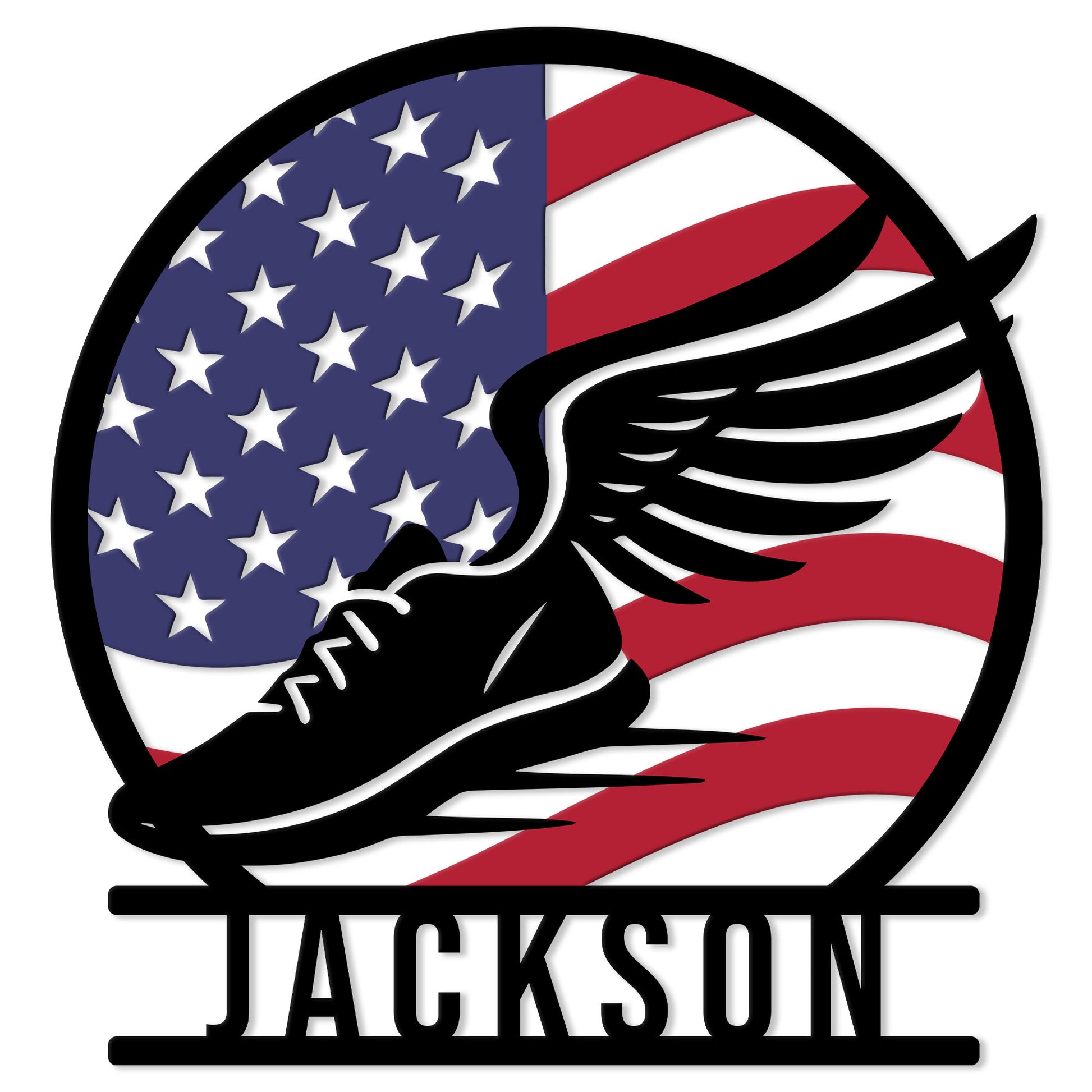 Patriotic running metal sign featuring a winged black running shoe over an American flag design