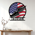 Patriotic runner wall decor displayed above a console table in a bright home entryway