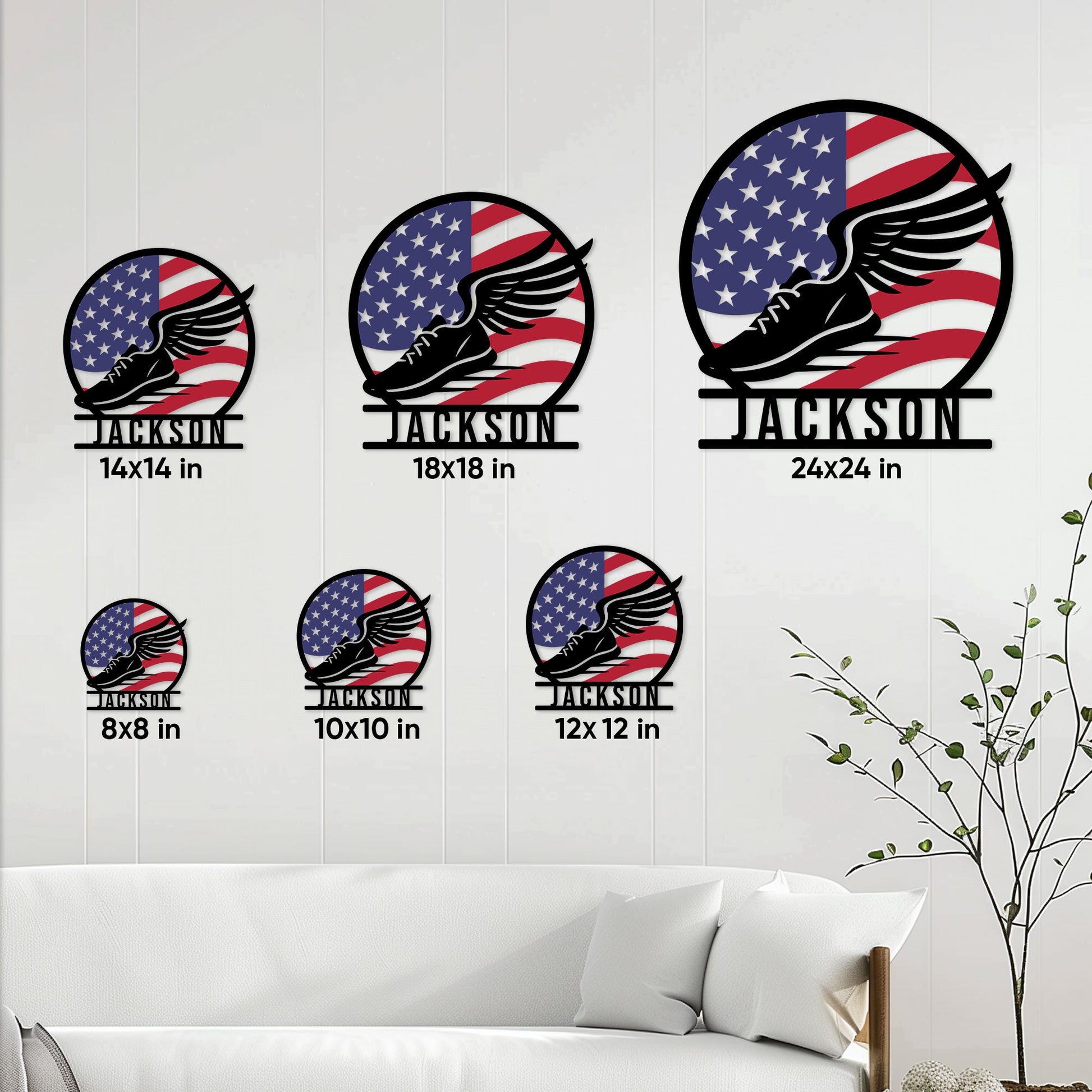 Running metal sign size guide showing available square sizes from 8 by 8 to 24 by 24 inches