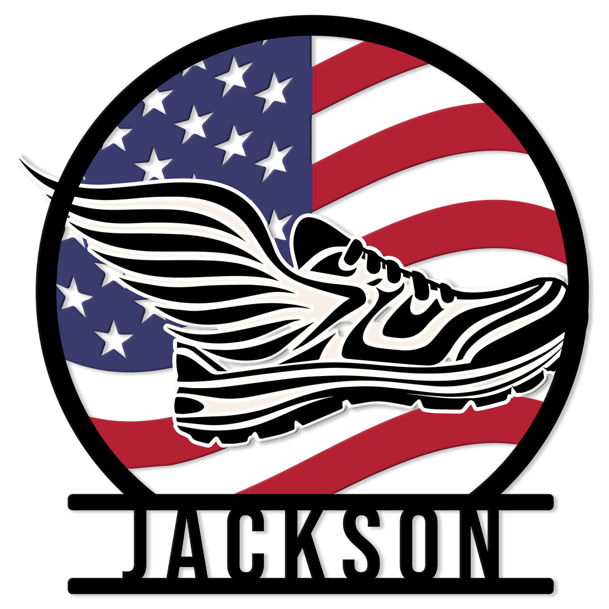 Patriotic running shoe metal sign featuring a bold American flag design and circular black frame