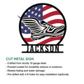 Running shoe metal sign feature guide showing the patriotic design with cut metal sign details