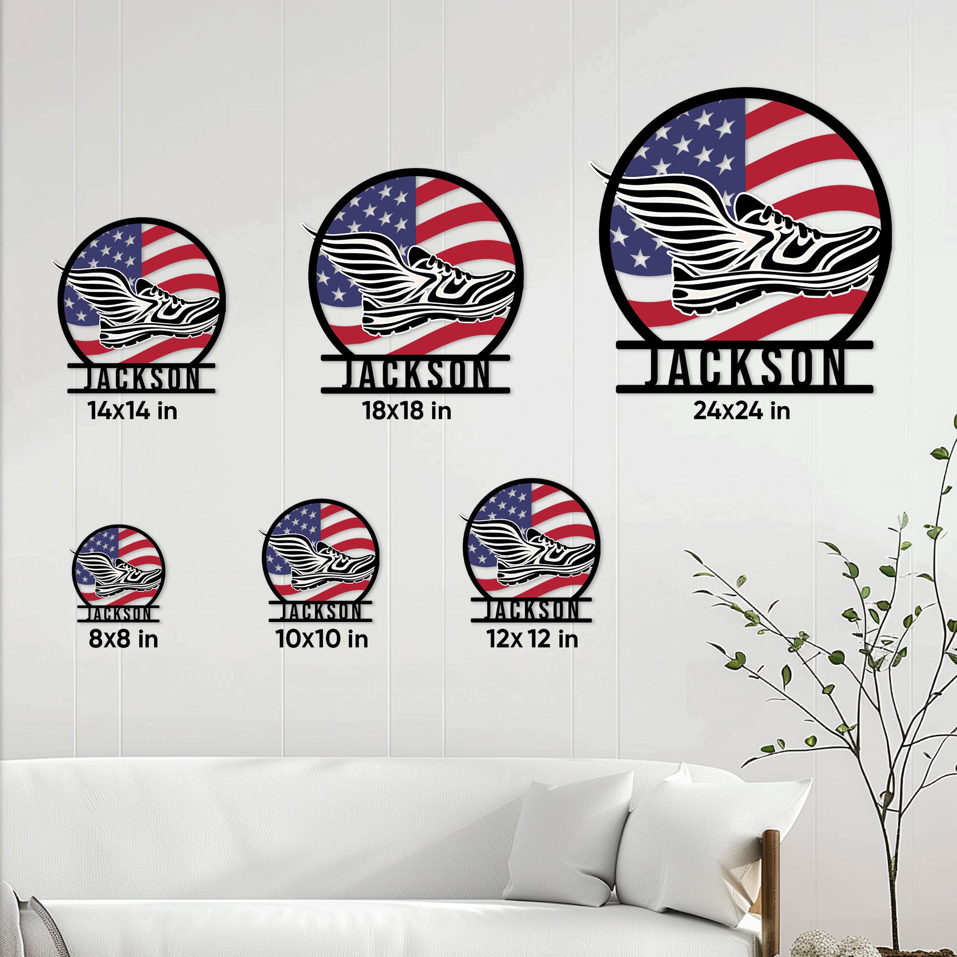 Running shoe metal sign size guide displaying six available square dimensions from 8 to 24 inches