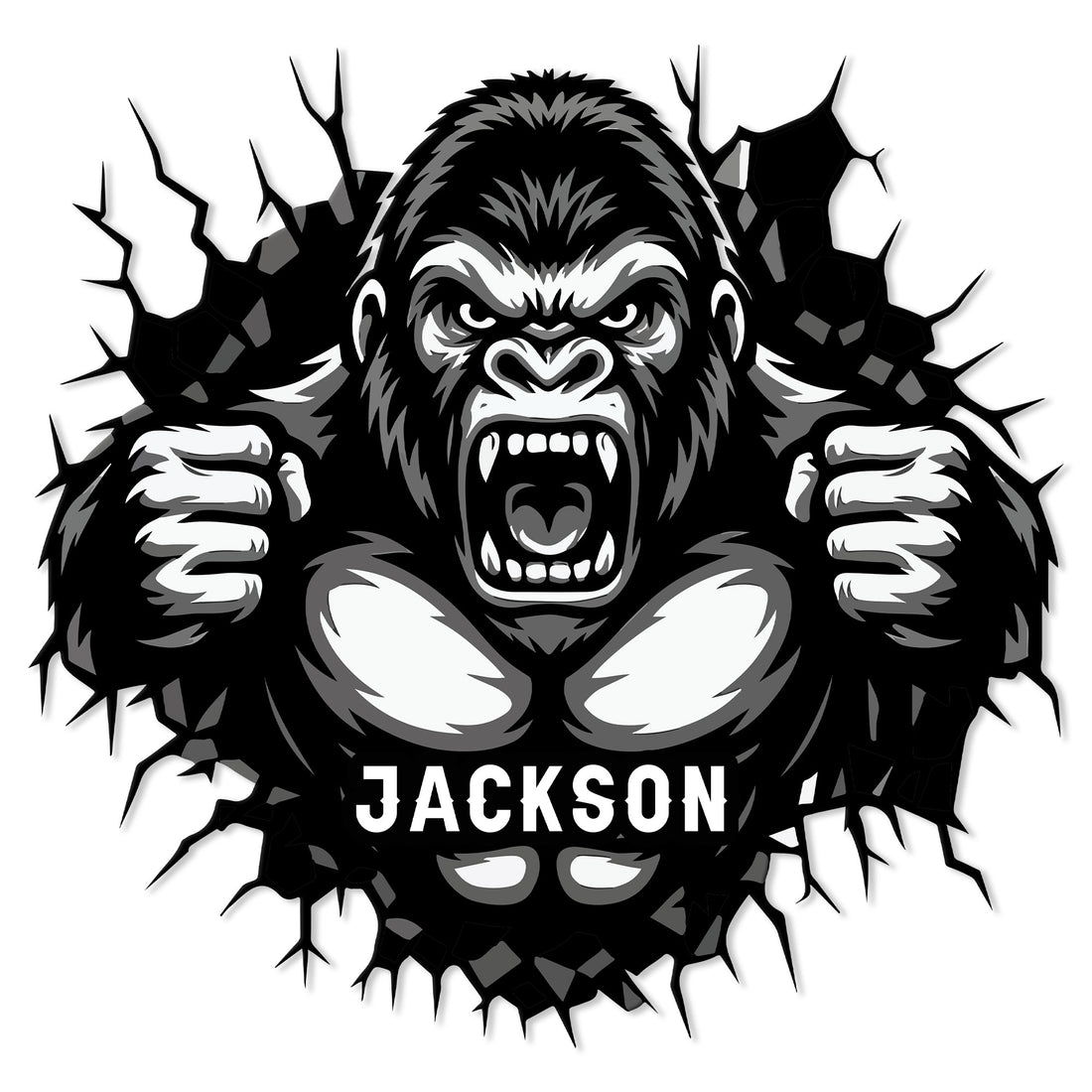 Roaring gorilla metal sign artwork shown in bold black, white, and gray with a cracked-wall effect