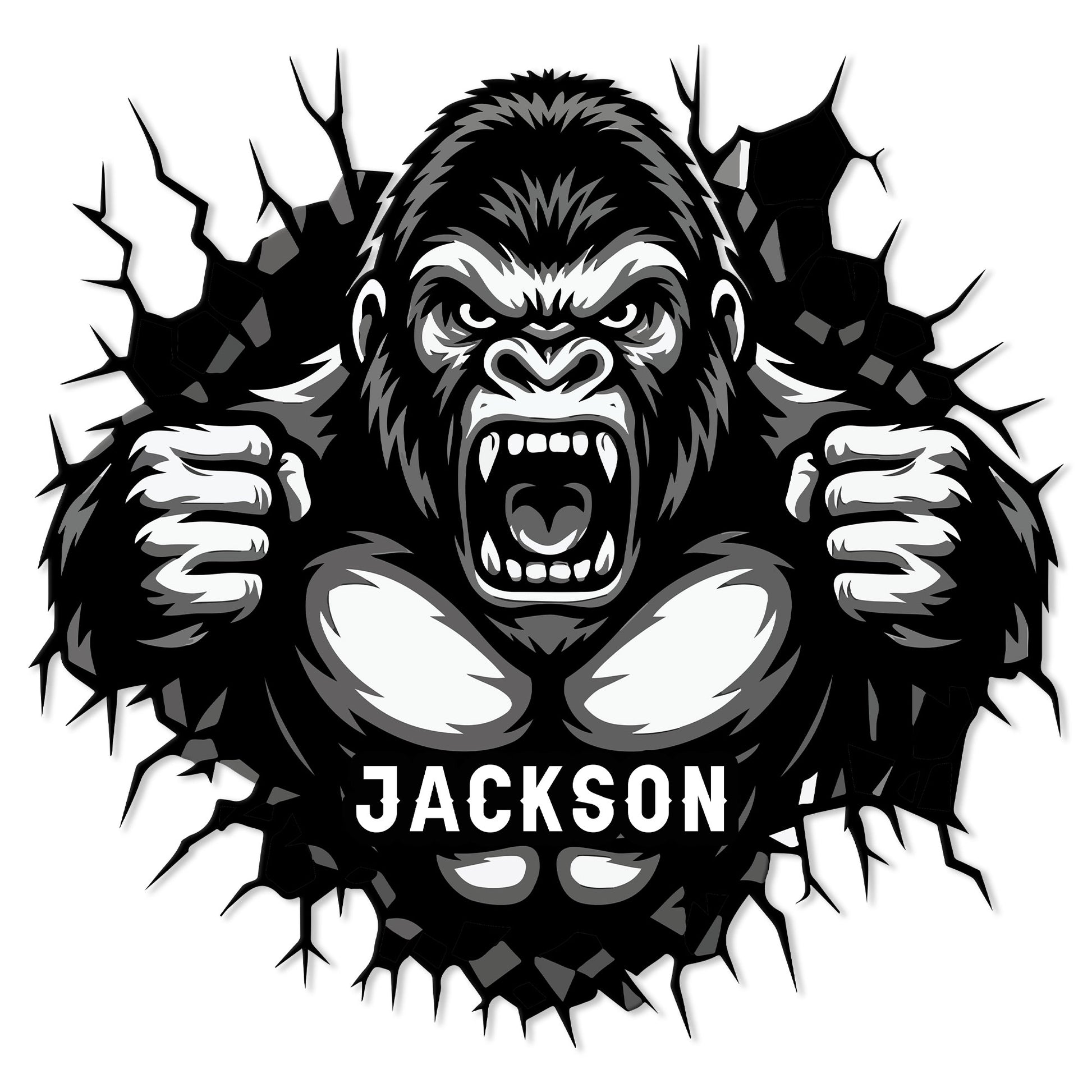 Roaring gorilla metal sign artwork shown in bold black, white, and gray with a cracked-wall effect