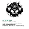 Gorilla metal sign feature graphic showing the fierce primate design and available product construction details