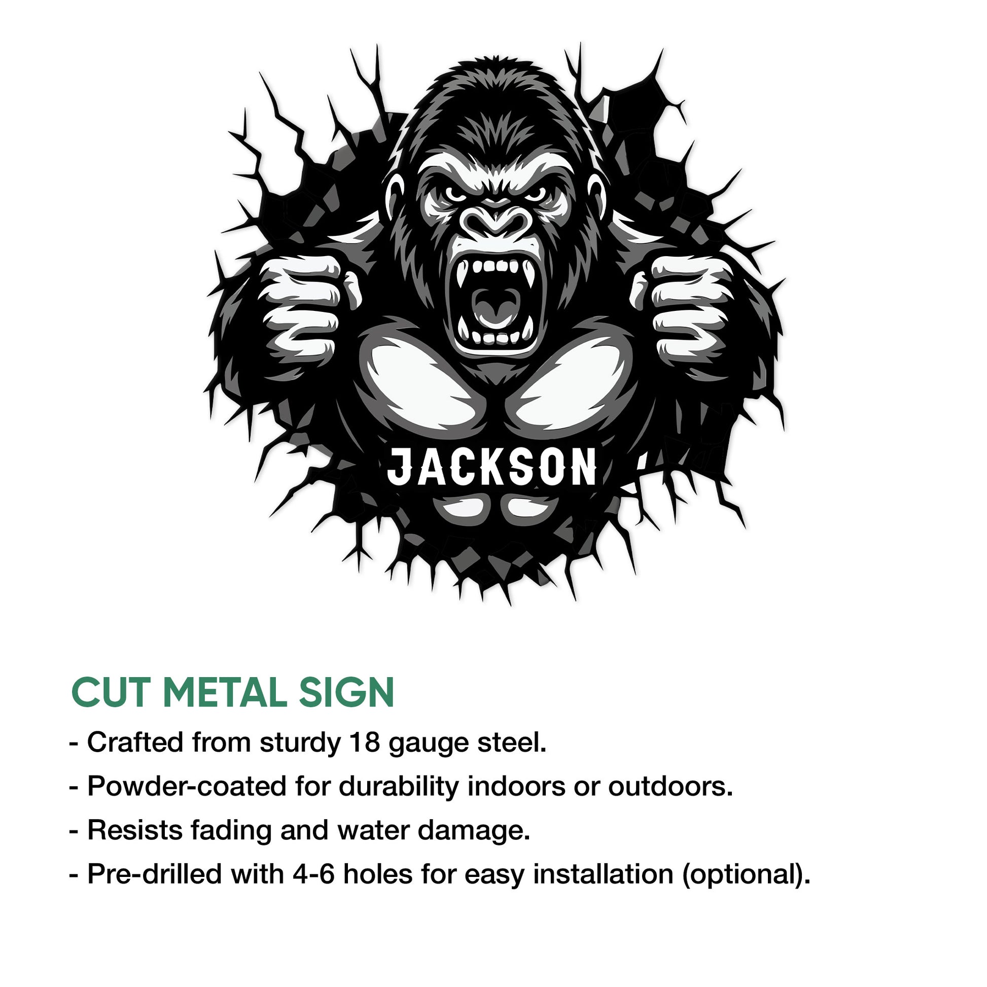 Gorilla metal sign feature graphic showing the fierce primate design and available product construction details