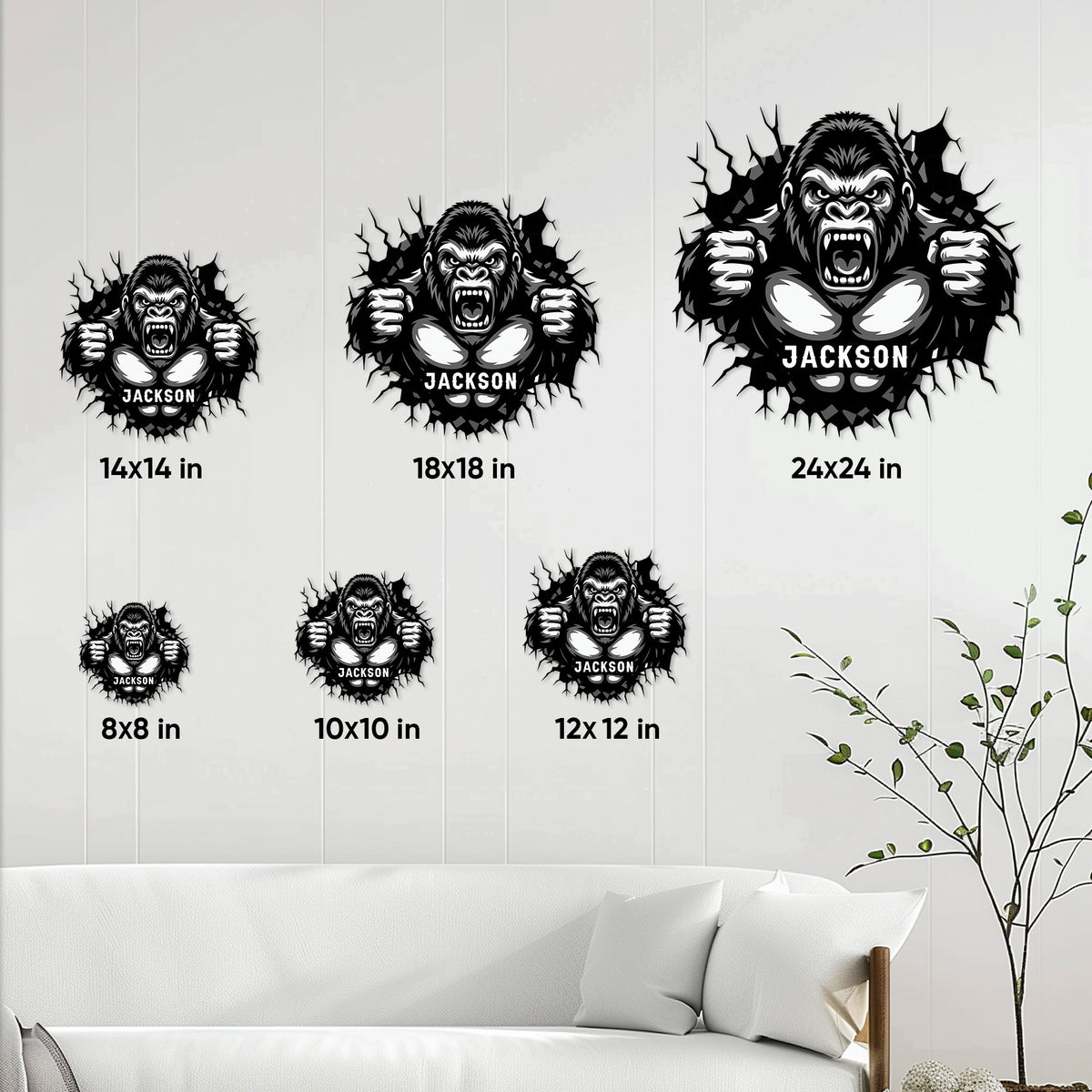 Gorilla metal sign size guide showing six available square size options from 8 by 8 to 24 by 24 inches