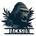 Fierce gorilla portrait metal sign with bold silhouette styling and a dramatic dark red and blue design