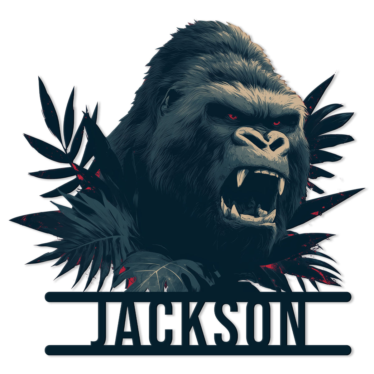 Fierce gorilla portrait metal sign with bold silhouette styling and a dramatic dark red and blue design