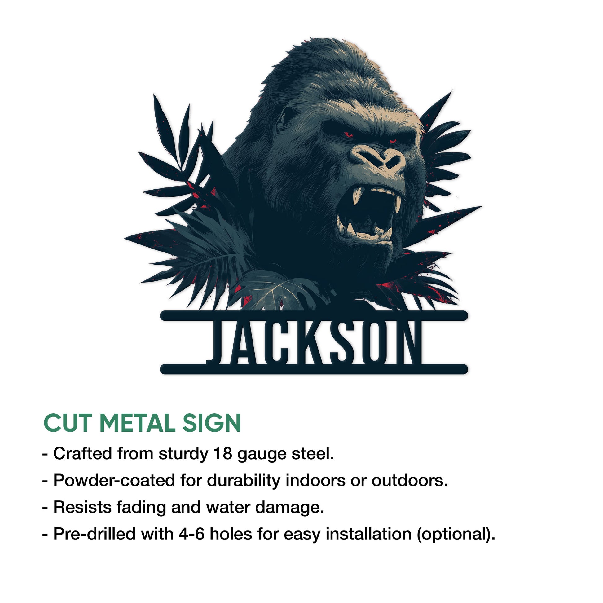 Gorilla cut metal sign feature graphic showing the artwork and available product construction details