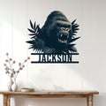 Gorilla metal wall sign displayed above a console table in a bright contemporary home