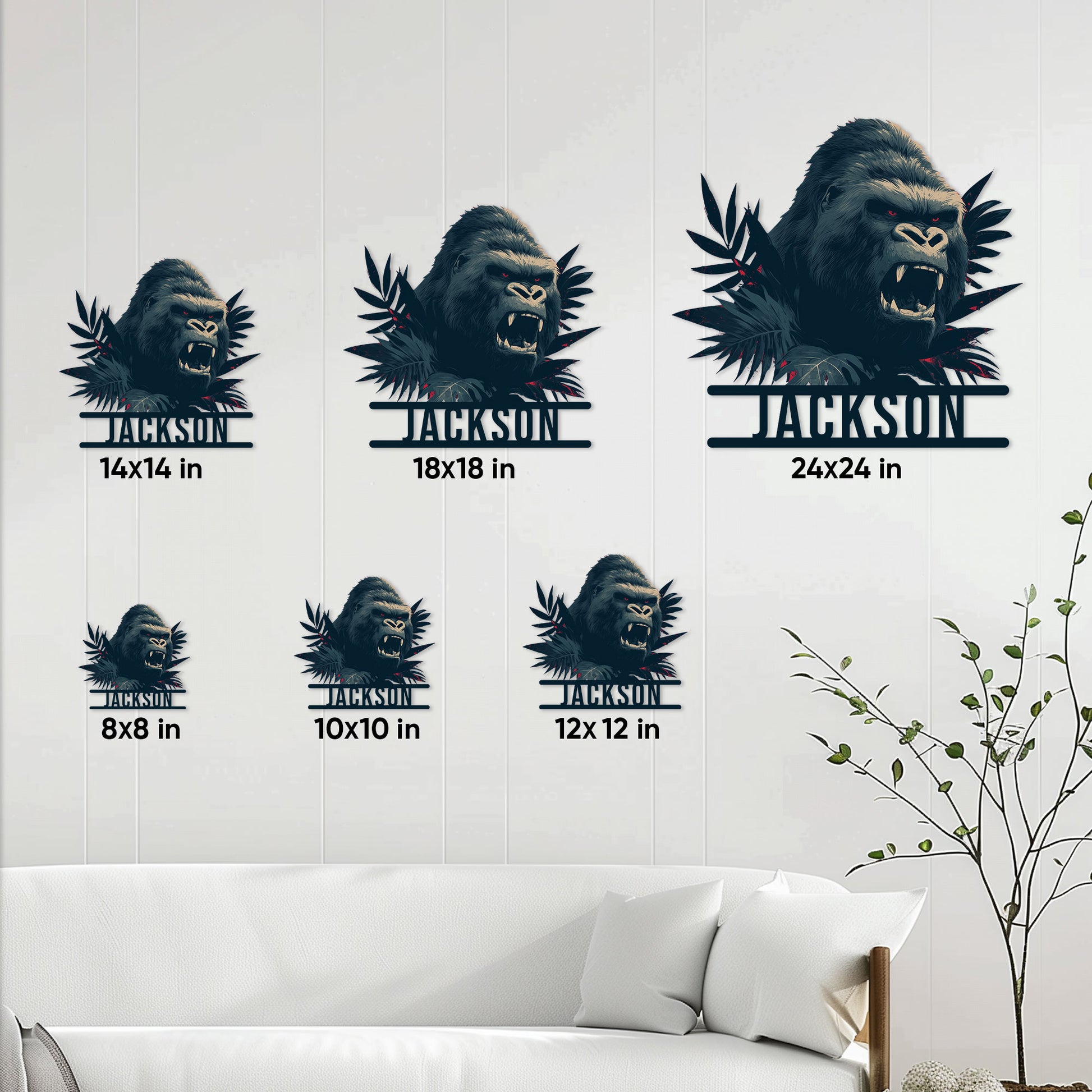 Gorilla metal sign size comparison showing multiple square size options in a living room setting