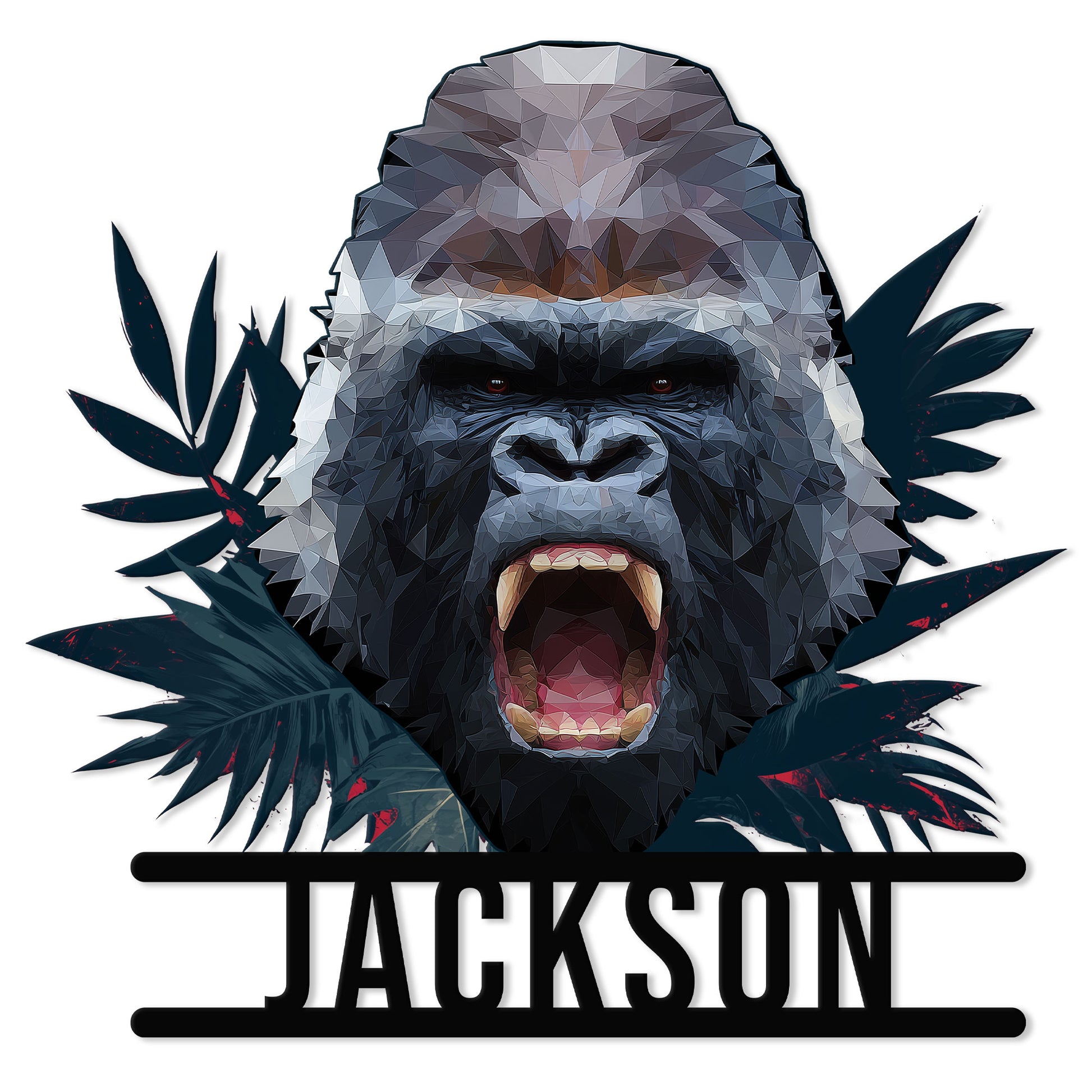 Roaring low-poly gorilla metal sign with bold silhouette and decorative tropical leaves