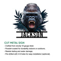 Cut metal gorilla sign featuring a roaring low-poly animal portrait and leafy accents