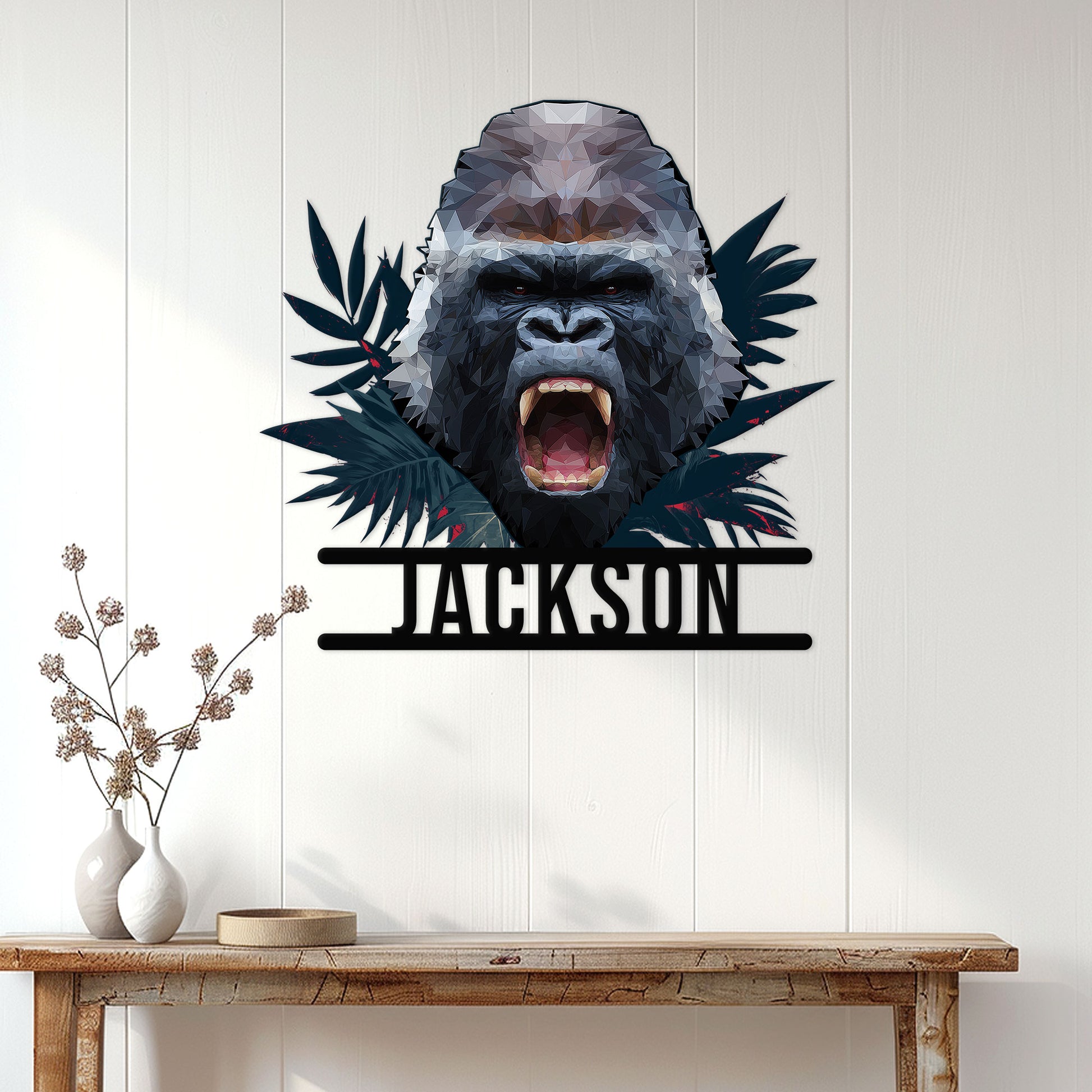 Roaring gorilla wall sign displayed above a console table in a bright modern home