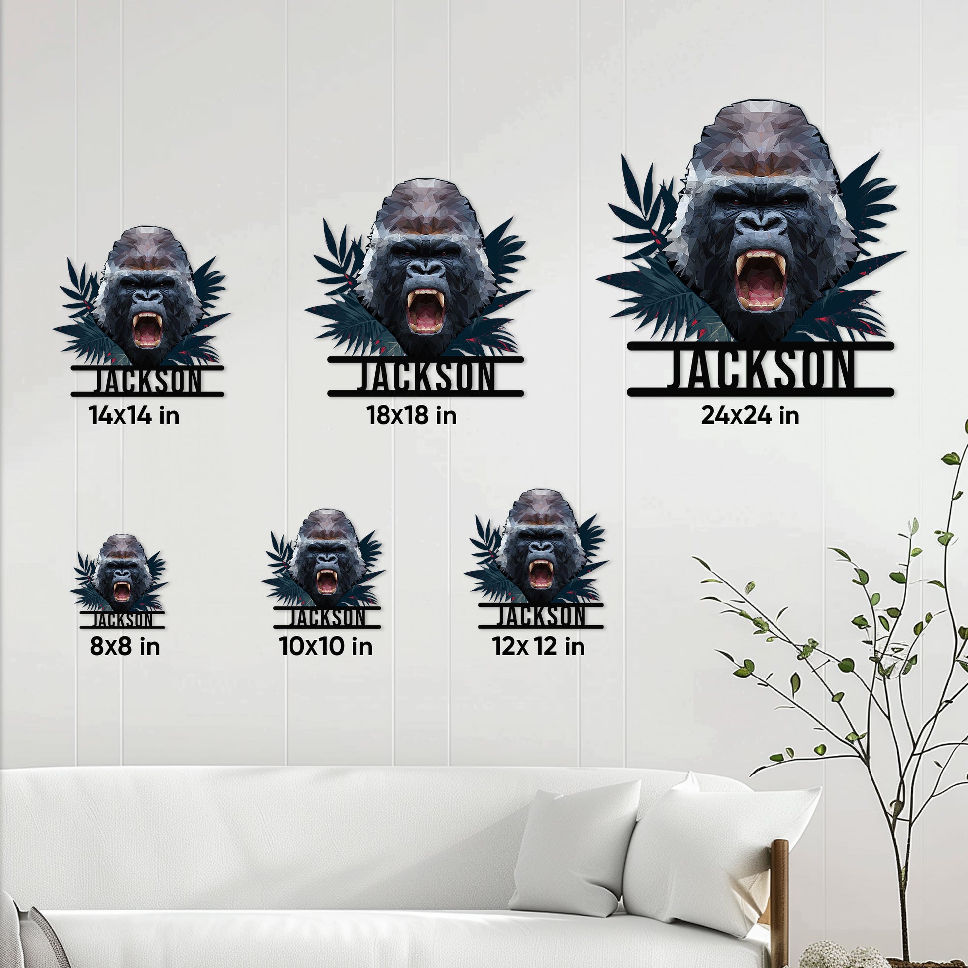 Gorilla metal sign size guide showing square size options from 8 by 8 to 24 by 24 inches