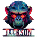 Colorful low-poly gorilla face metal sign with vivid blue, red, and purple geometric artwork