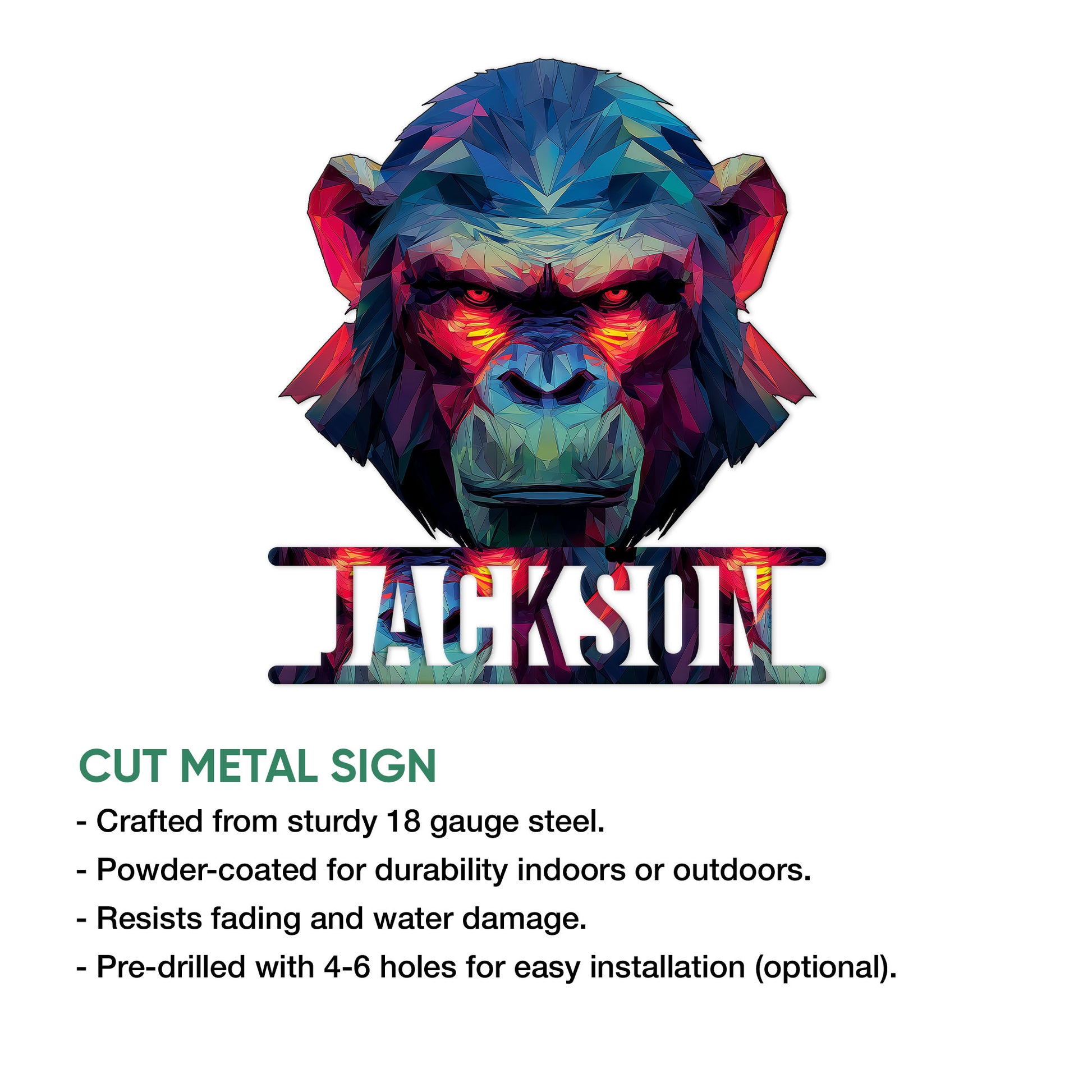 Low-poly gorilla metal sign feature graphic highlighting its cutout silhouette and bold artwork