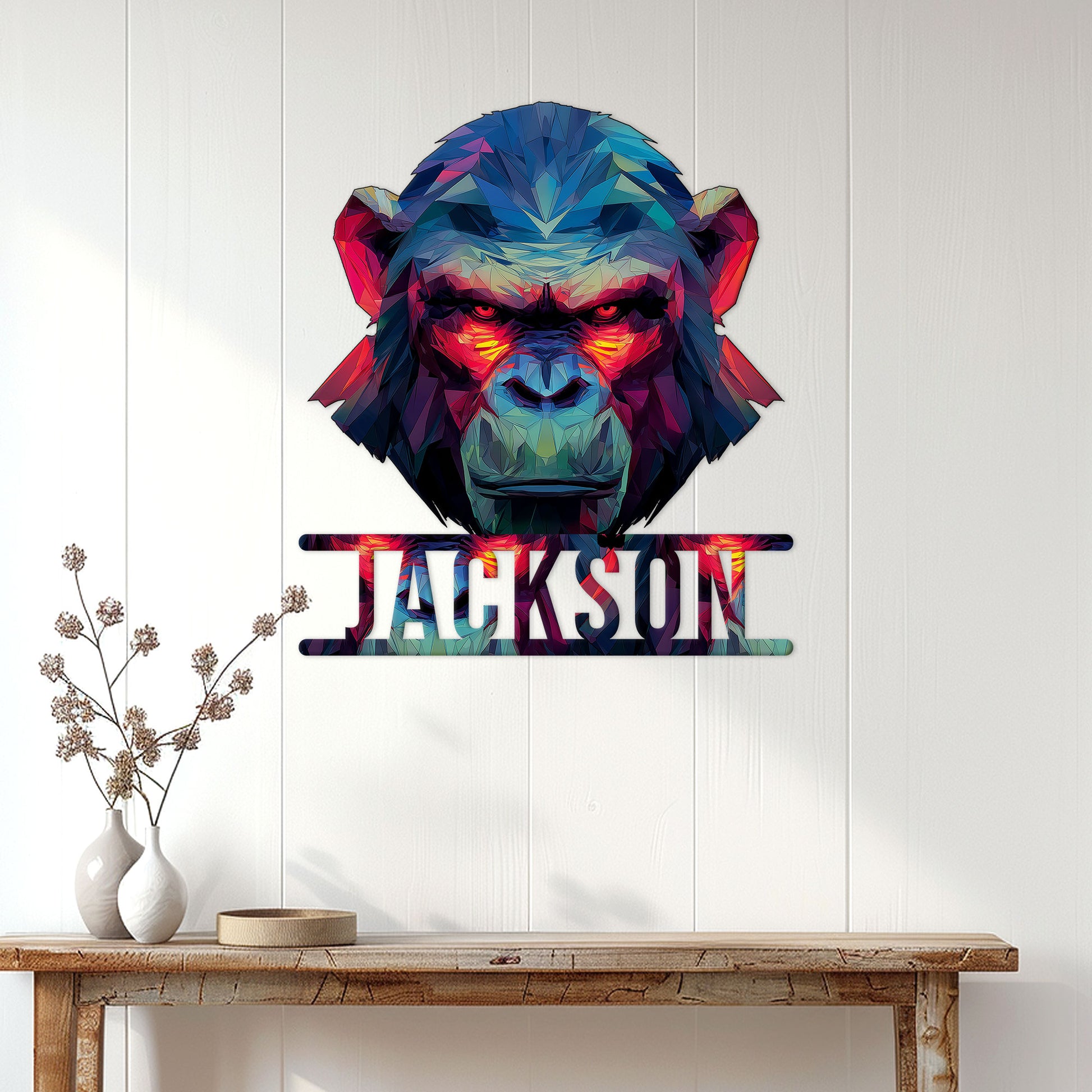 Colorful gorilla metal sign displayed as striking wall decor above a console table in a bright home