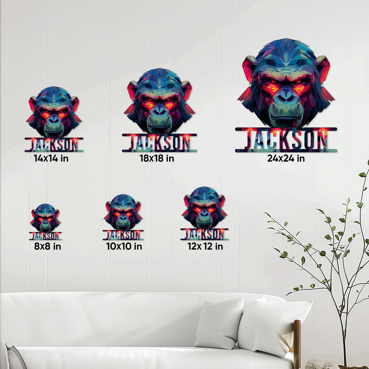 Gorilla metal sign size guide displayed in a bright living room with multiple scale options