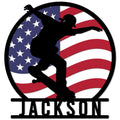 Custom skateboarding metal sign featuring a skateboarder silhouette over a patriotic American flag design