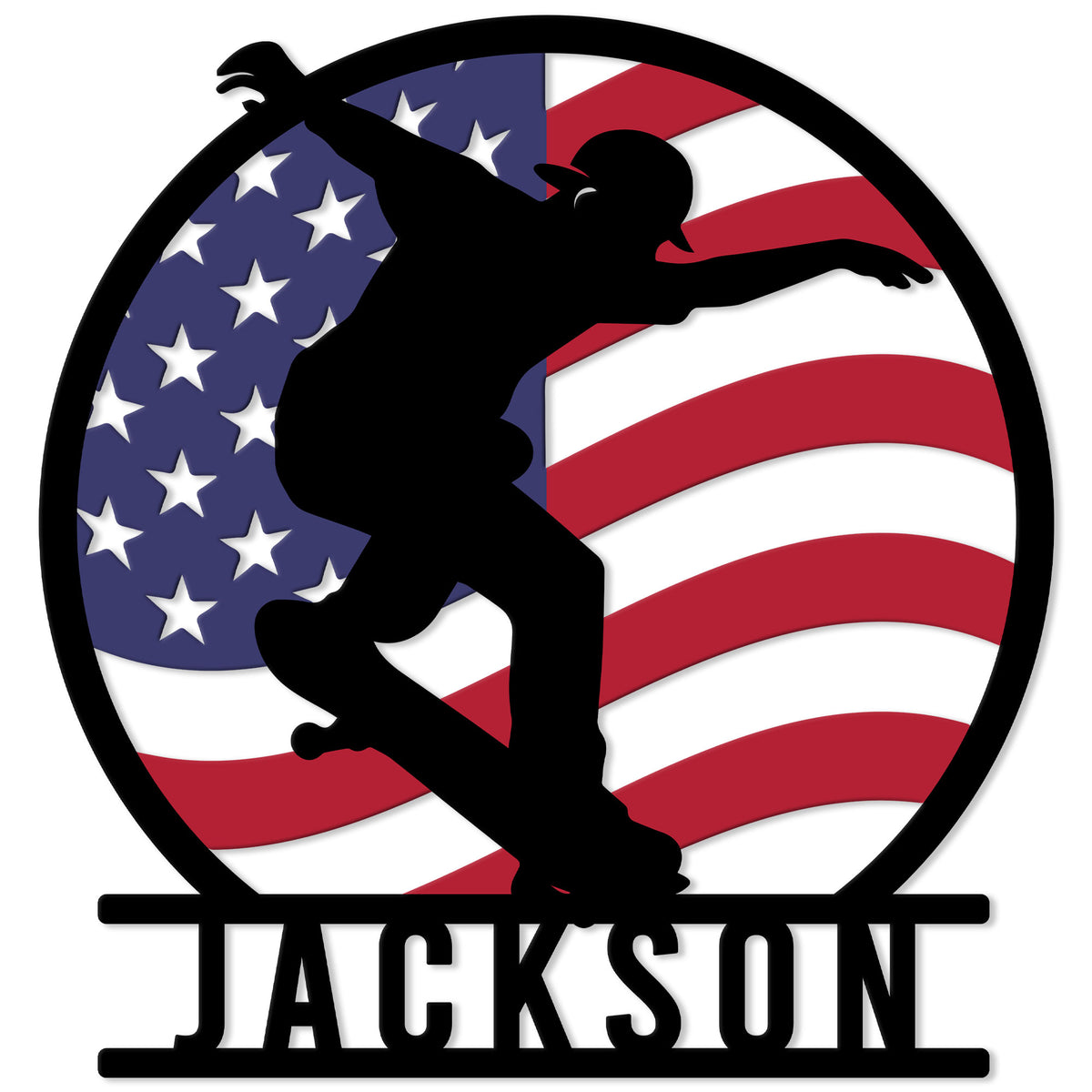 Custom skateboarding metal sign featuring a skateboarder silhouette over a patriotic American flag design