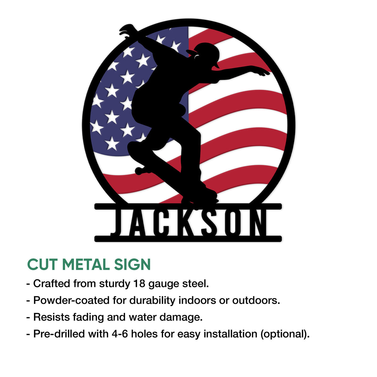 Skateboarding metal sign feature graphic showing the patriotic silhouette design and available sign details