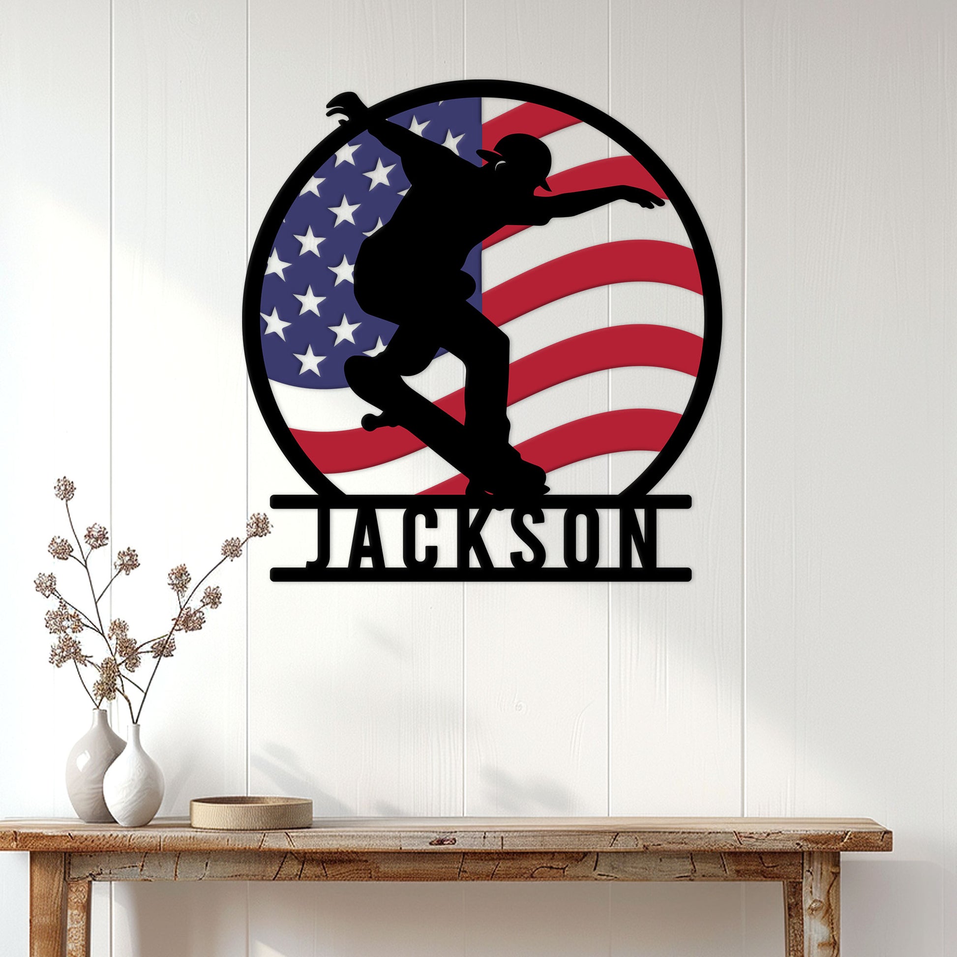 Patriotic skateboarding metal sign displayed as wall decor in a bright home interior