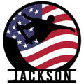 Custom skateboarding metal sign with a skateboarder silhouette against a waving American flag design