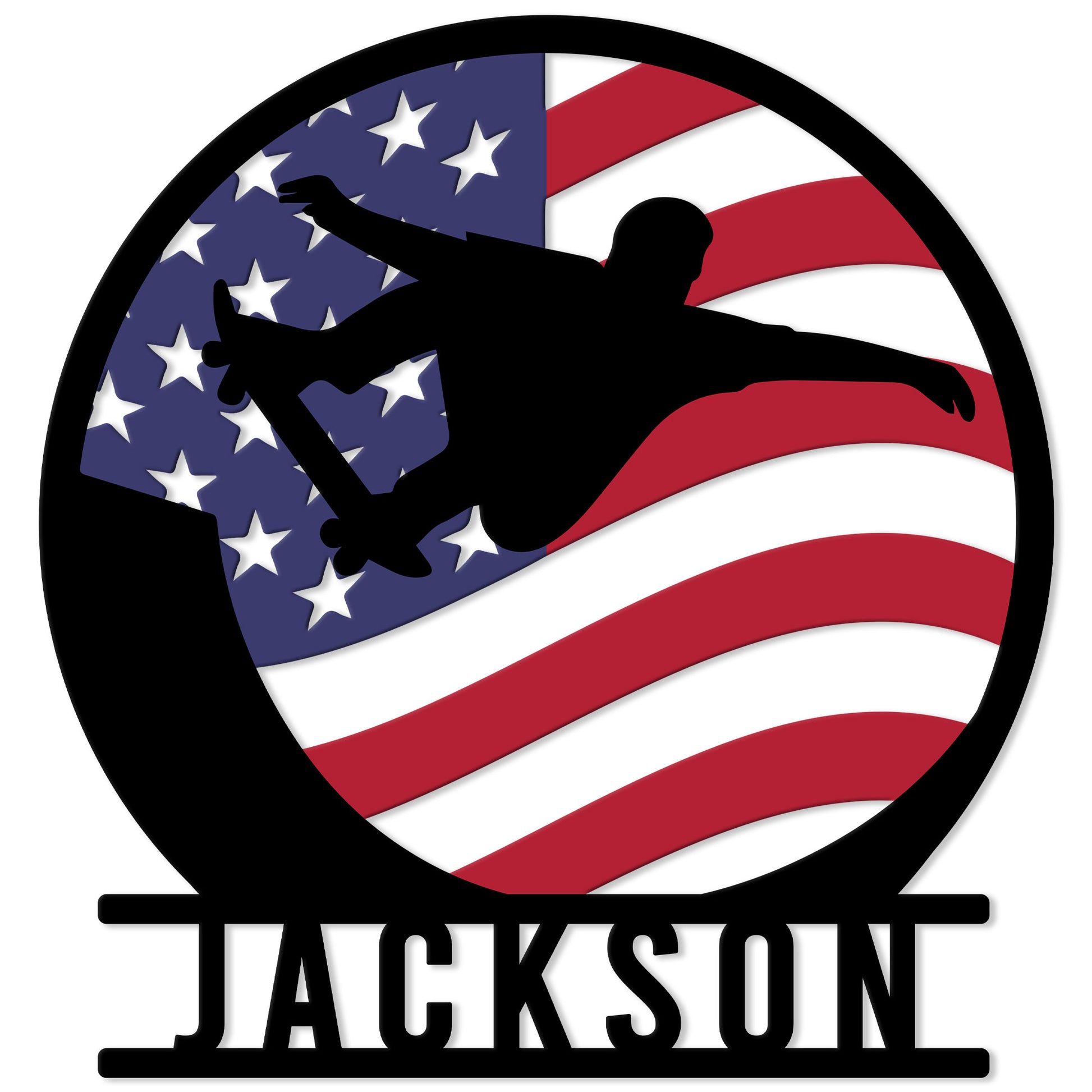 Custom skateboarding metal sign with a skateboarder silhouette against a waving American flag design