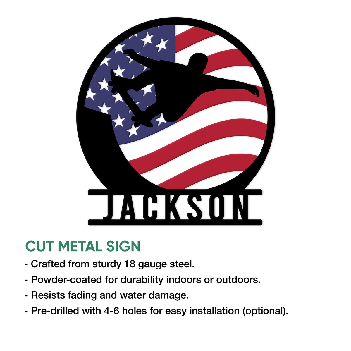 Patriotic skateboarder silhouette metal sign shown as a cut metal wall decor design