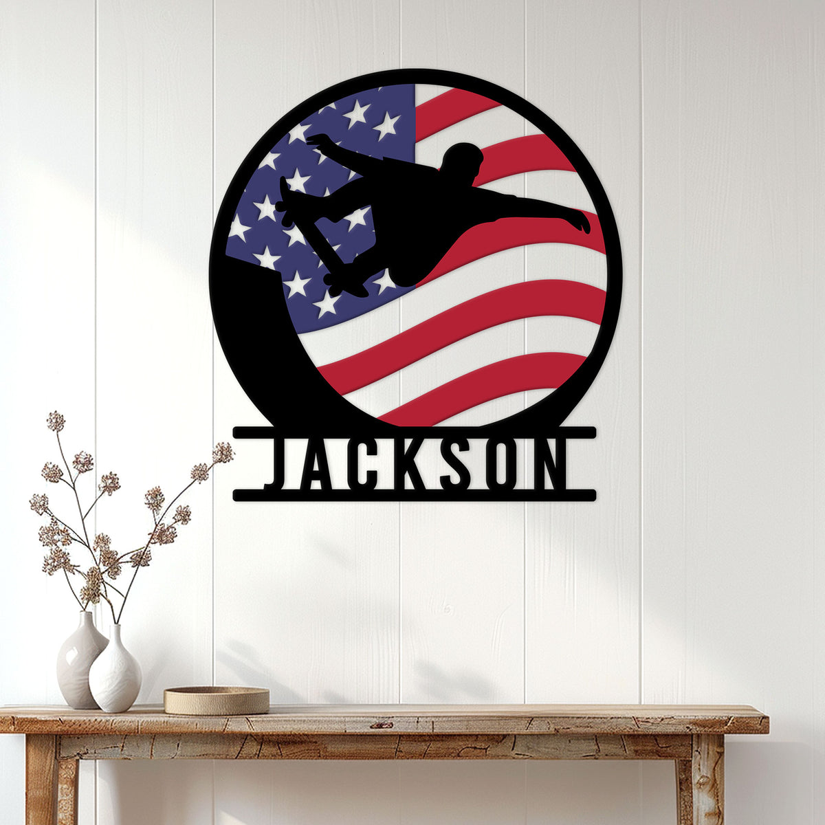 Skateboarding metal sign displayed on a white paneled wall above a console table