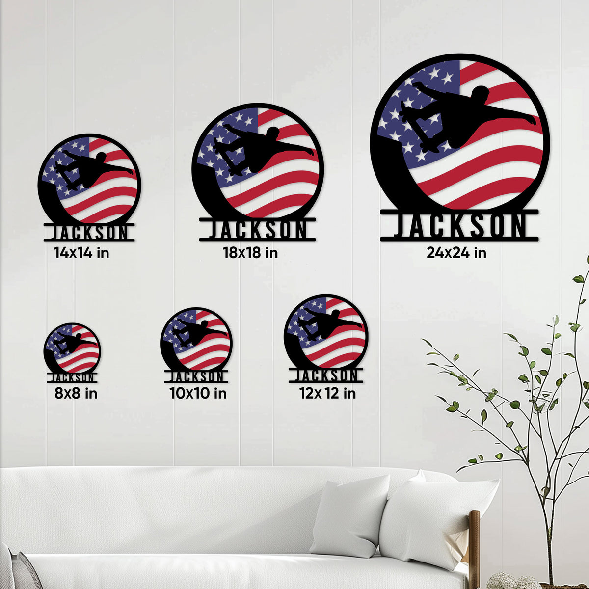 Skateboarding metal sign size guide showing available square sizes from 8 by 8 to 24 by 24 inches