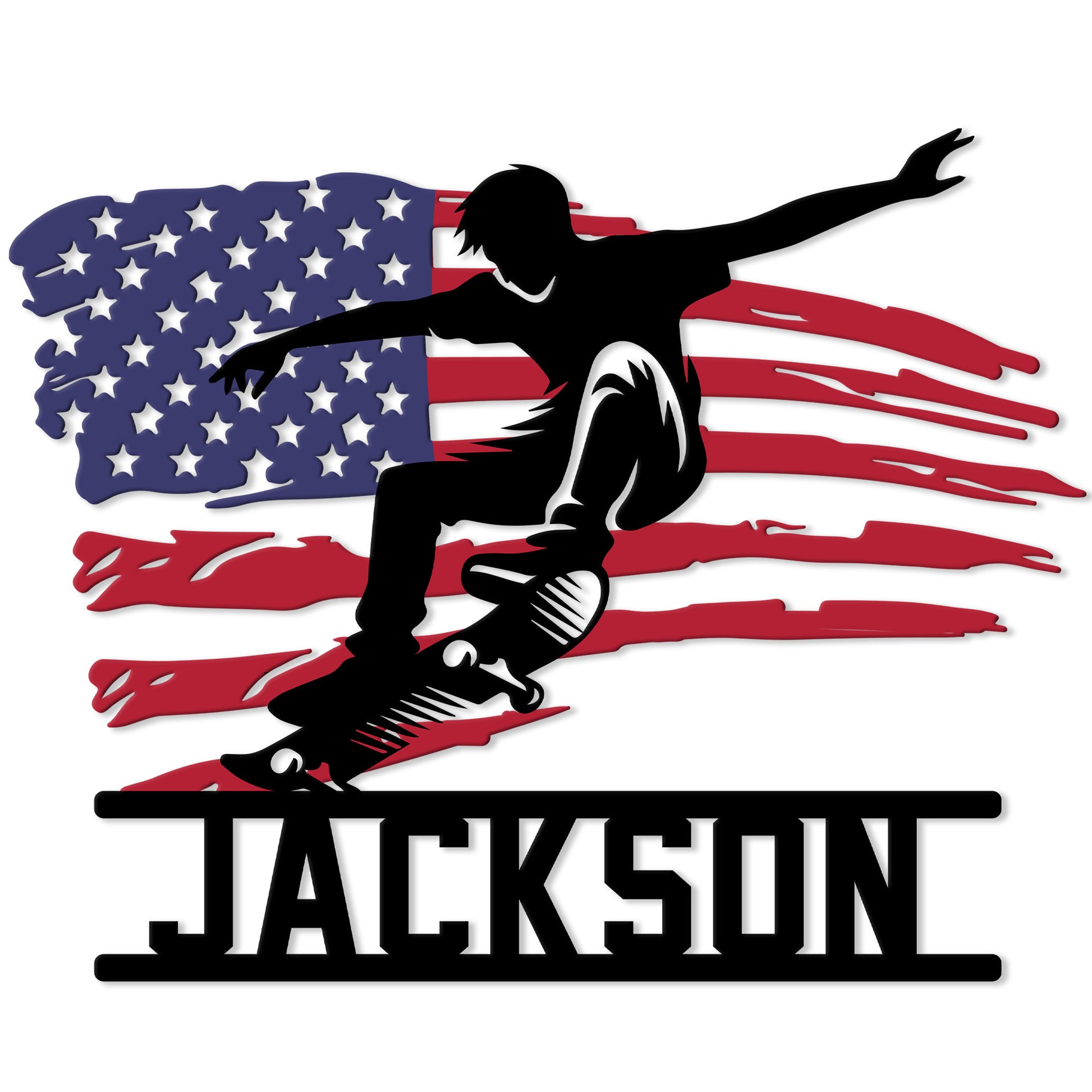 Custom skateboarding metal sign featuring a black skater silhouette over a distressed American flag