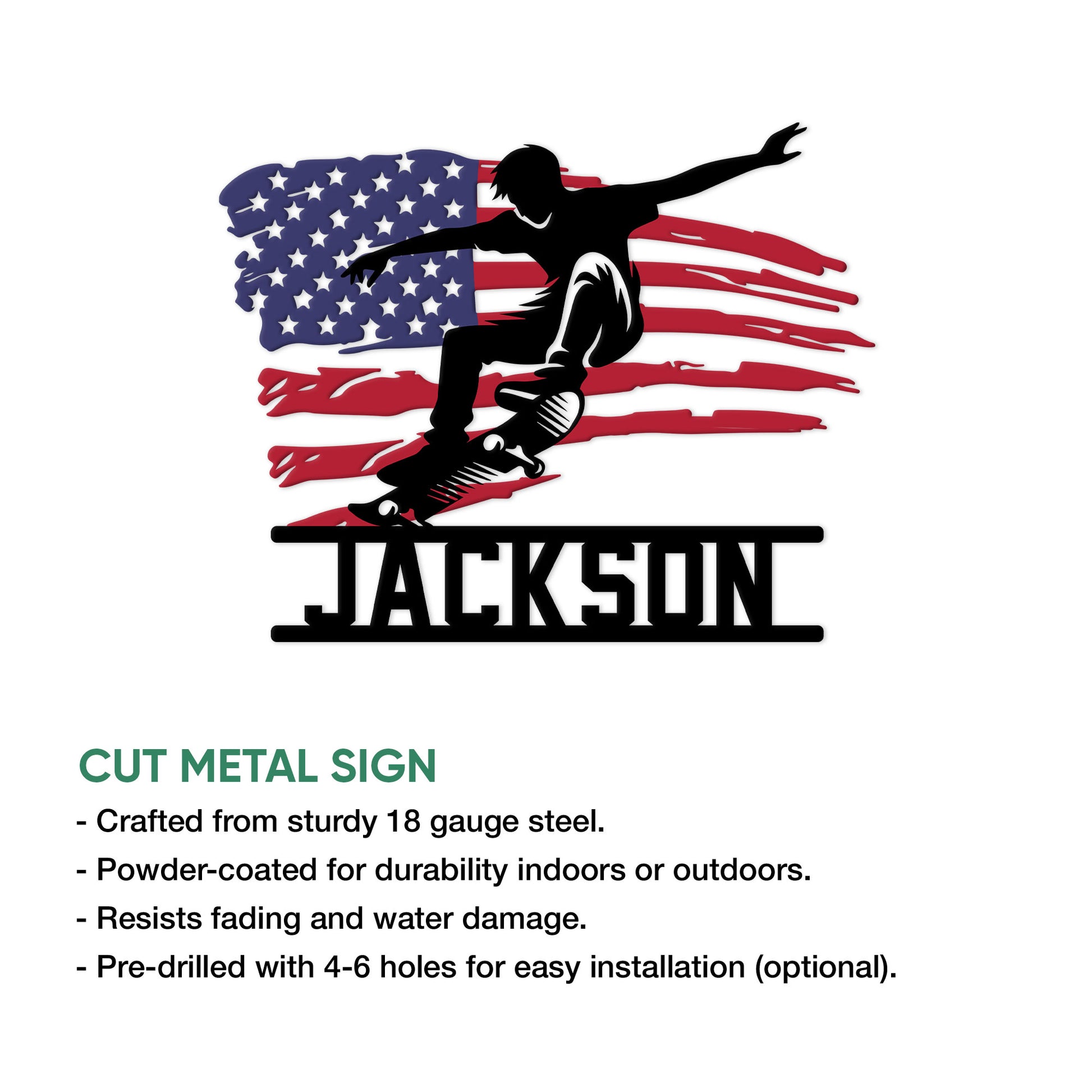 Skateboarding metal sign feature graphic showing the patriotic skater design and cut metal sign presentation